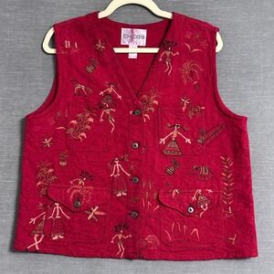 Vintage Chicos Vest L/12 Red Cotton Embroidered Elephant Boho Artsy Top Hippie 2